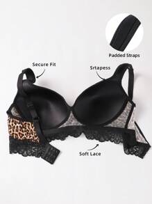 2pcs/Set Plus Size Lace Leopard Print Wireless Bras, Lingerie - Multicolor - View 2