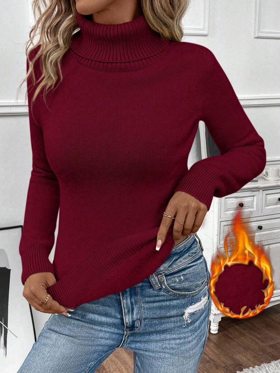 EMERY ROSE Women's Plain High Neck Long Sleeve Fleece Casual Sweater, Autumn/Winter, Long Sleeve Top Knit Pullover Fall - Burgundy - View 1