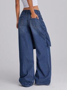 Forever 21 Fall&Winter Women Going Out Bottoms/Women Jeans Pants/Wide Leg/Straight Leg/Halloween Pants/Halloween Pants/Business Casual Women/Renaissance/Y2k/Homecoming/Vintage/Dark Blue/Street Wear/Baggy With Pockets/Skirt Front With Pants Back Style/Retro Washed Wide Leg Classic/ Jeans - Blue - View 8