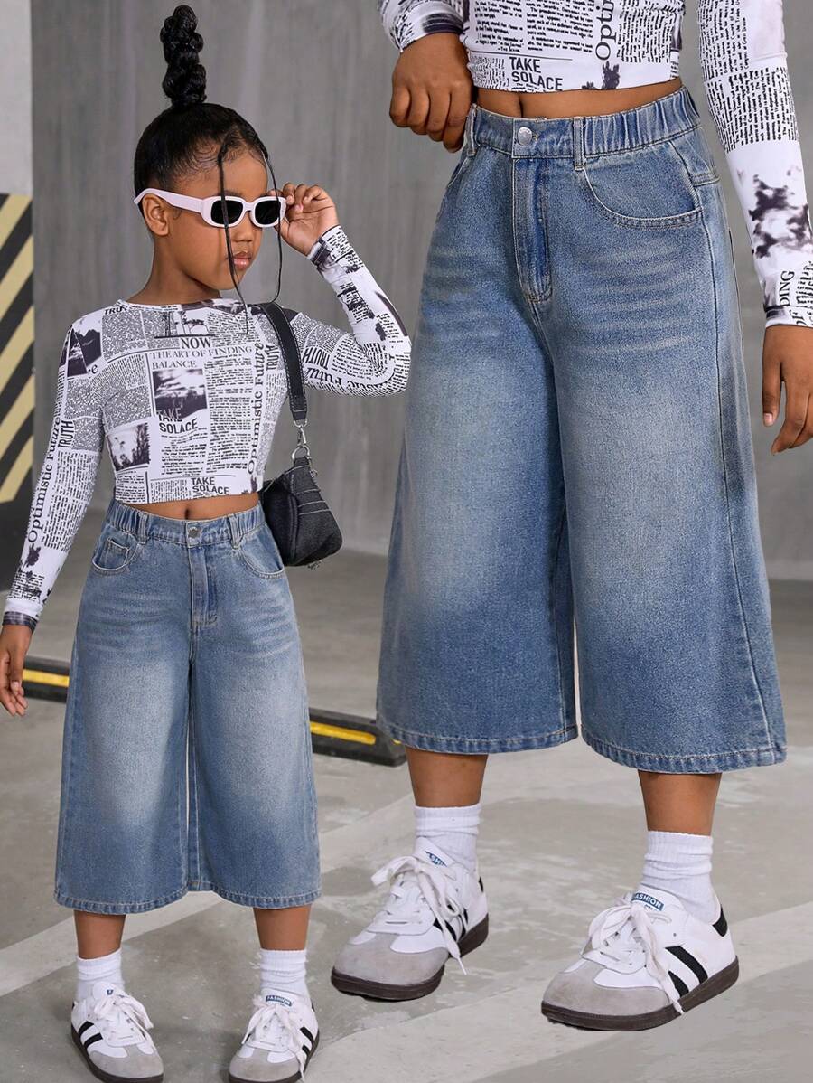 SHEIN Explorewe Quần Capri ống rộng bằng vải denim giặt sạch cổ điển cho bé gái tuổi mới lớn, dáng rộng thoải mái, mùa xuân hè - Rửa trung bình - Xem 1