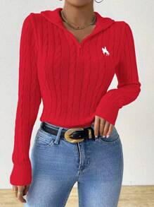 SHEIN Unity Autumn/Winter Slouchy Horse Logo Half Zip Cable Knitted Sweater For New Year , Long Sleeve Top Fall - Red - View 4