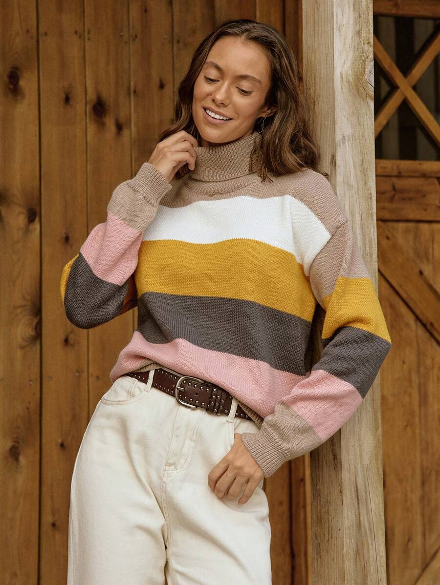 LanaWest Women's Casual Color Block Striped Turtleneck Sweater, Autumn/Winter, Knit Pullover Fall - Multicolor - View 1
