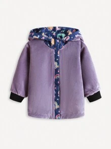 SHEIN Baby Mädchen Jacke mit umkehrbarem Einhorn Muster, eine Seite mit Einhorn Design und die andere Seite in Vollton, thermisch gefüttert für warmen Wintergebrauch, Kapuzendesign für zusätzliche Wärme, Reißverschlussschluss für einfaches An- und Ausziehen, geeignet für den täglichen Gebrauch, Outdoor-Aktivitäten, Kindergarten und Familientreffen
