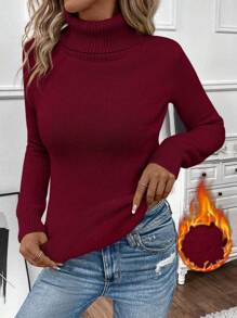 EMERY ROSE Women's Plain High Neck Long Sleeve Fleece Casual Sweater, Autumn/Winter, Long Sleeve Top Knit Pullover Fall - Burgundy - View 7