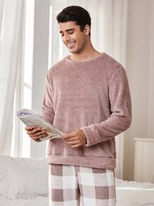 男士纯色毛绒上衣和格子裤家居服套装（2件套），秋冬装，蓬松舒适 - 藕粉色 - 查看 6