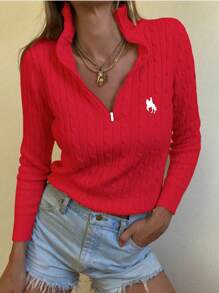 SHEIN Unity Autumn/Winter Slouchy Horse Logo Half Zip Cable Knitted Sweater For New Year , Long Sleeve Top Fall - Red - View 3