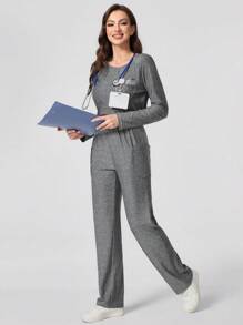 TaskEZ 1 Set Plain Round Neck Long Sleeve Top And Pants Nursing Scrub Uniform Set - Grey - View 6