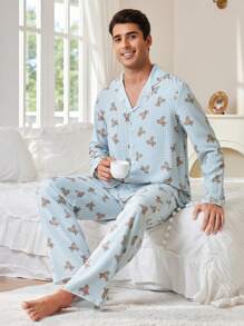 CoupledUp 浪更小熊印花翻领纽扣前男式睡衣套装 - 淺藍色 - 查看 2