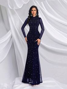 Elisanya Elegant Temperament Solid Color Hot Drill Rhinestone Stand Collar Long Sleeve Mermaid Gown Dresses For Banquet, Evening Party, Birthday Party - Navy Blue - View 6