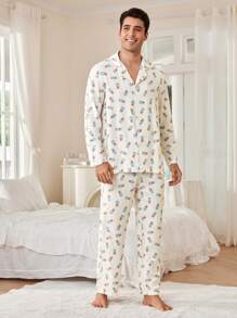 CoupledUp Cute Blue Bear Print Lapel Cardigan Men Sleepwear Set