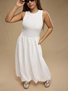 SHEIN Unity Plus Size Women's Fashion Solid Color A Line Sleeveless Dress - White - View 4