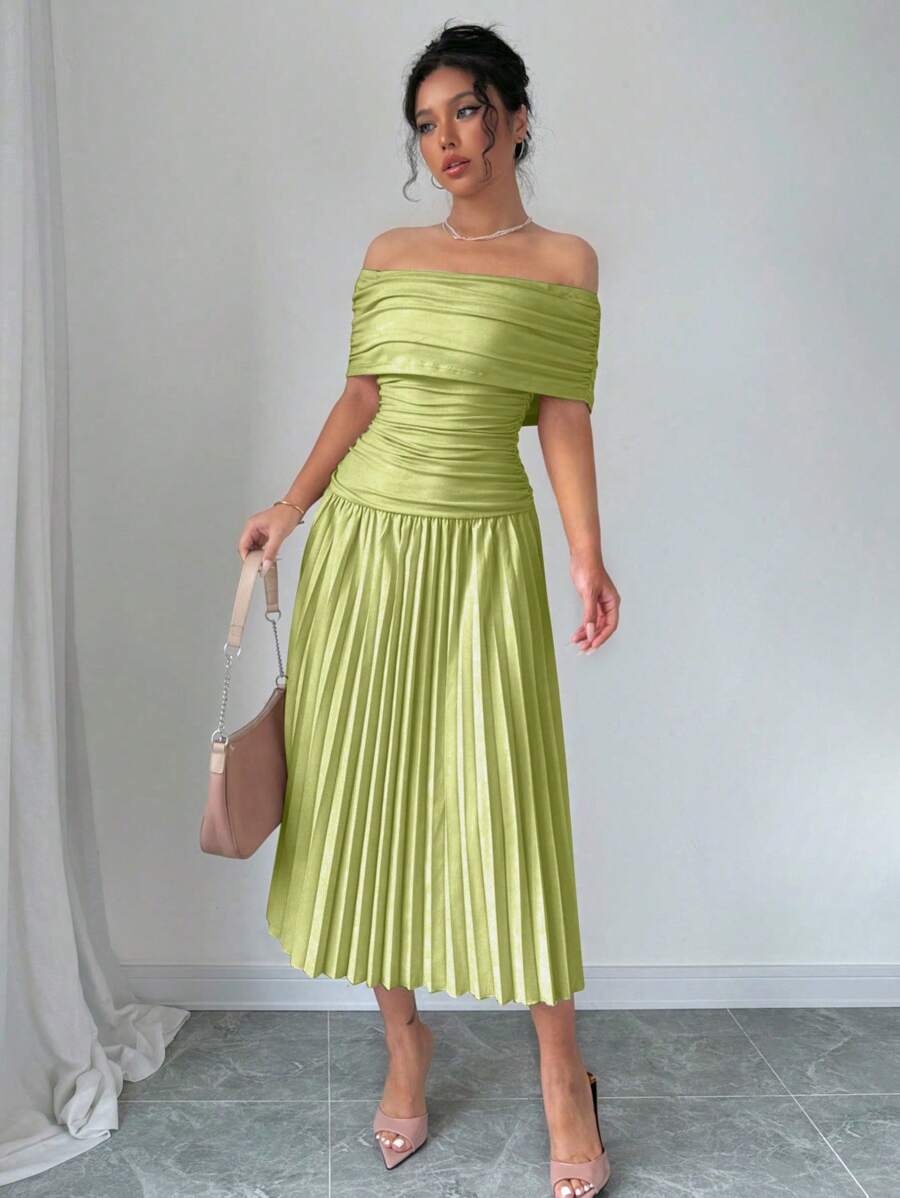 Chiquease Đầm Maxi Xếp Ly Trễ Vai Màu Mơ Cho Nữ - màu xanh lá - Xem 1