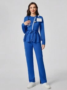 TaskEZ Women's Scrub Uniform Top With Zipper Placket And Ruffle Hem, Autumn - Blue - View 5