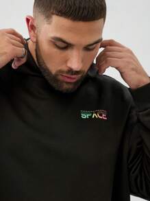 Manfinity VCAY Plus Size Men's Loose Knit Airplane Letter Colorful Gradient Long Sleeve Hoodie, For Fall Winter - Black - View 2