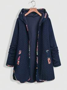 Plus Size Floral Print Hooded Coat - Royal Blue - View 3