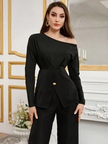 Modelyn 2 bộ đồ nữ màu trơn cổ bẻ dài tay xếp ly và quần thanh lịch, bộ 2 món mùa thu - màu đen - Xem 4