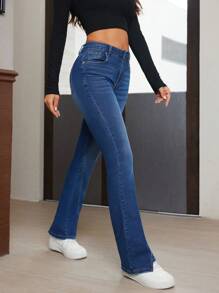 SHEIN Essnce Women's Front Button Pocket Casual Stretch Denim Jeans - Dark Wash - View 3
