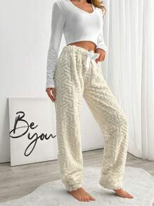 SHEIN Cottnline Women Textured With Ribbon Detail Homewear Sleep Bottom - White - View 3