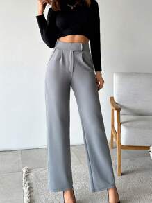 SHEIN Cottnline Women Solid Color High Waist Straight Pants - Grey - View 8