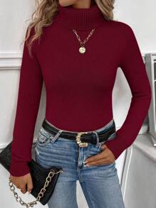 EMERY ROSE Women's Plain High Neck Long Sleeve Fleece Casual Sweater, Autumn/Winter, Long Sleeve Top Knit Pullover Fall - Burgundy - View 5