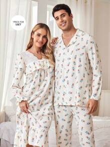 CoupledUp Cute Blue Bear Print Lapel Cardigan Men Sleepwear Set