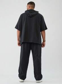 Mainfolk 2 件套男士加大码休闲编织宽松连帽衫和抽绳腰直筒裤套装 - 黑色 - 查看 3