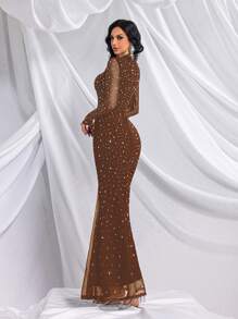 QOQ 优雅纯色烫钻立领长袖鱼尾礼服，适合宴会、晚宴、生日派对、婚礼、春季度假等场合。 - 咖啡棕 - 查看 3
