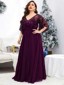 Plus Size V-Neck Sequin Embroidered Sheer Bell Sleeve Patchwork Chiffon Dress, Formal Evening Prom Dress, For Wedding Guest, Graduation, Dinner, Party Dress,Gown - Red Violet - View 3