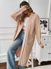 SHEIN LUNE Áo khoác cardigan dài hai túi màu trơn thường ngày cho nữ, mùa thu/đông - Màu be - Xem 7