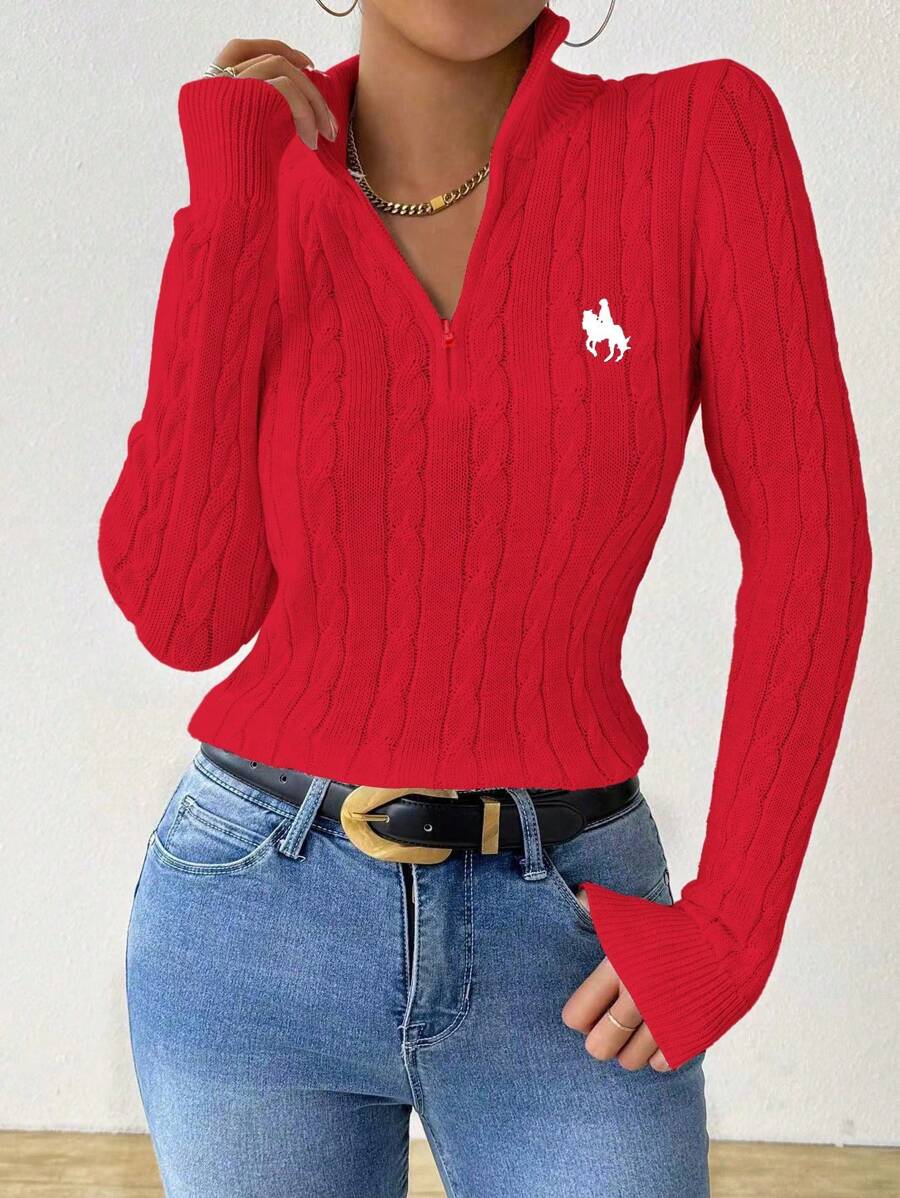 SHEIN Unity Autumn/Winter Slouchy Horse Logo Half Zip Cable Knitted Sweater For New Year , Long Sleeve Top Fall - Red - View 1