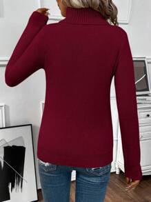 EMERY ROSE Women's Plain High Neck Long Sleeve Fleece Casual Sweater, Autumn/Winter, Long Sleeve Top Knit Pullover Fall - Burgundy - View 2