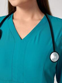 TaskEZ Solid Color V-Neck Long Sleeve Nurse Dress With Pocket - Dark Green - View 5