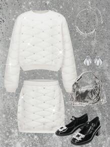 Teen Girls White Elegant Luxurious Rhinestone Knit Sweater And Skirt Set, Showcasing A Graceful And Charming Style For Autumn/Winter