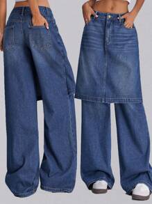 Forever 21 Fall&Winter Women Going Out Bottoms/Women Jeans Pants/Wide Leg/Straight Leg/Halloween Pants/Halloween Pants/Business Casual Women/Renaissance/Y2k/Homecoming/Vintage/Dark Blue/Street Wear/Baggy With Pockets/Skirt Front With Pants Back Style/Retro Washed Wide Leg Classic/ Jeans - Blue - View 2