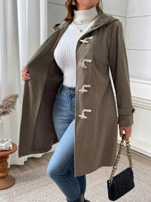 Casaco Duffle de Manga Longa com Capuz Casual Plus Size para Mulheres, Outono - Cinza - Visão 3
