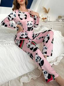 可爱卡通熊猫印花长袖圆领睡衣套装 - 粉色 - 查看 6