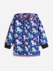 SHEIN Baby Mädchen Jacke mit umkehrbarem Einhorn Muster, eine Seite mit Einhorn Design und die andere Seite in Vollton, thermisch gefüttert für warmen Wintergebrauch, Kapuzendesign für zusätzliche Wärme, Reißverschlussschluss für einfaches An- und Ausziehen, geeignet für den täglichen Gebrauch, Outdoor-Aktivitäten, Kindergarten und Familientreffen