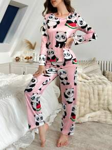 可爱卡通熊猫印花长袖圆领睡衣套装 - 粉色 - 查看 4