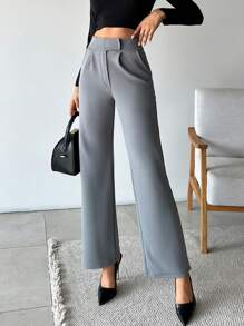 SHEIN Cottnline Women Solid Color High Waist Straight Pants - Grey - View 7