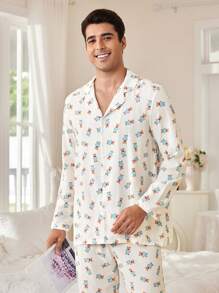 CoupledUp Cute Blue Bear Print Lapel Cardigan Men Sleepwear Set