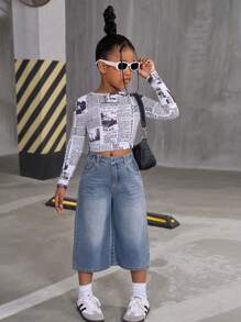 SHEIN Explorewe Quần Capri ống rộng bằng vải denim giặt sạch cổ điển cho bé gái tuổi mới lớn, dáng rộng thoải mái, mùa xuân hè - Rửa trung bình - Xem 4