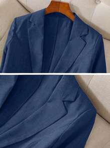 Franclia Linen Blend Tailored Collar Fitted 3/4 Sleeve Blazer For Commuting - Navy Blue - View 4