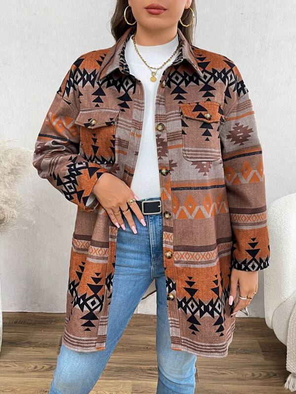 EMERY ROSE Plus Size Autumn/Winter Casual Colorblock Geometric Print Jacket