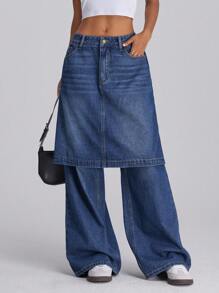 Forever 21 Fall&Winter Women Going Out Bottoms/Women Jeans Pants/Wide Leg/Straight Leg/Halloween Pants/Halloween Pants/Business Casual Women/Renaissance/Y2k/Homecoming/Vintage/Dark Blue/Street Wear/Baggy With Pockets/Skirt Front With Pants Back Style/Retro Washed Wide Leg Classic/ Jeans - Blue - View 4