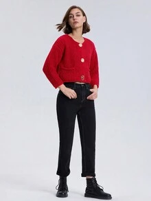 休闲纯色前扣落肩宽松开衫，带口袋，适合秋冬季日常穿着 - 紅色 - 查看 6