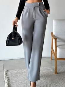 SHEIN Cottnline Women Solid Color High Waist Straight Pants - Grey - View 4