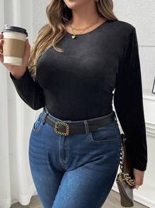 SHEIN LUNE Camiseta de manga larga de cuello redondo con ajuste entallado de unicolor en talla grande