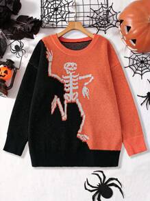 SHEIN LUNE Suéter de talla grande con bloqueo de color y estampado de esqueleto, jersey de punto de otoño/invierno - Multicolor - Ver 1