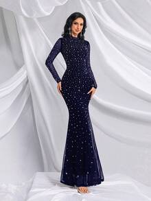 Elisanya Elegant Temperament Solid Color Hot Drill Rhinestone Stand Collar Long Sleeve Mermaid Gown Dresses For Banquet, Evening Party, Birthday Party - Navy Blue - View 5