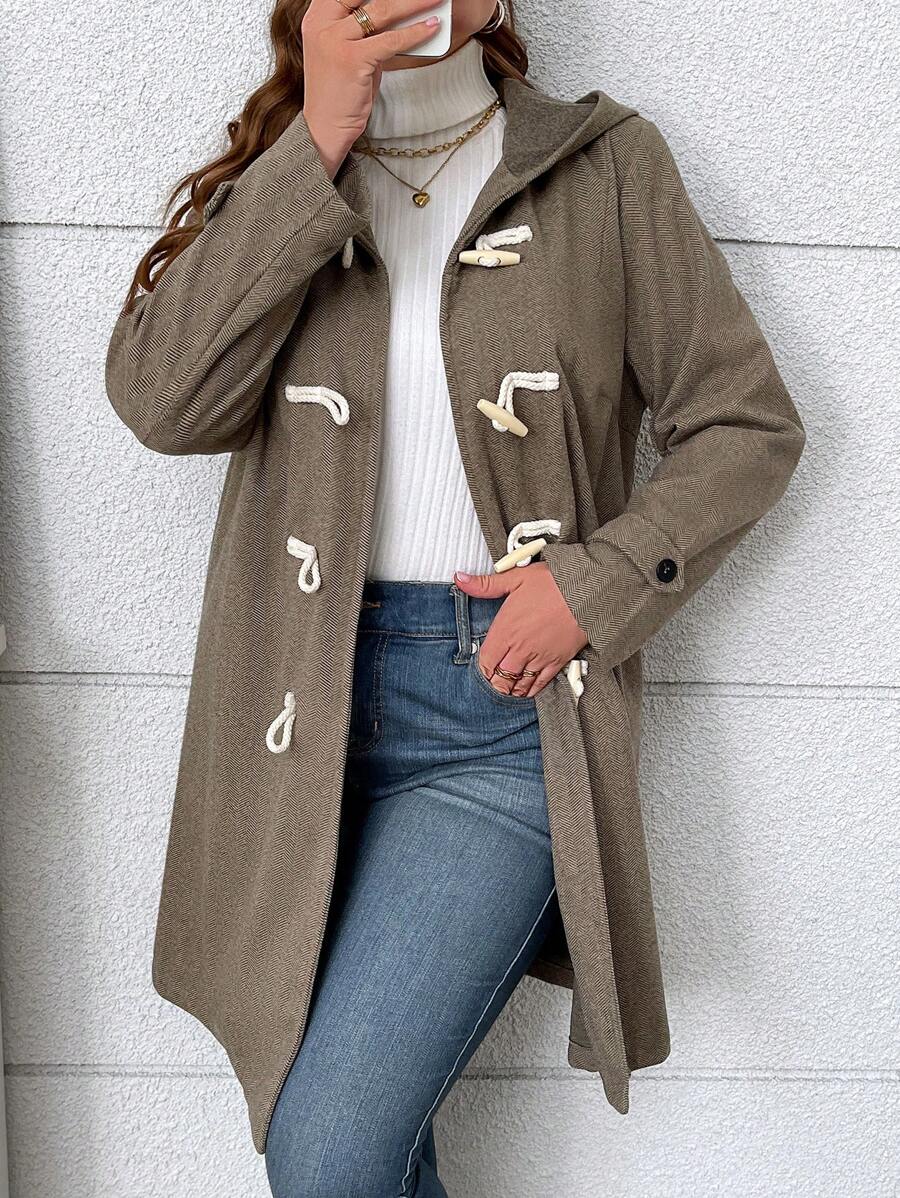 Casaco Duffle de Manga Longa com Capuz Casual Plus Size para Mulheres, Outono - Cinza - Visão 1